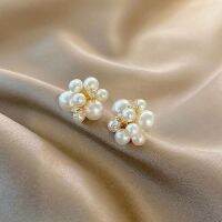 ต่างหูมุกดอกไม้แฟชั่นสำหรับผู้หญิง Ins สไตล์เกาหลี Silver Pearl Ball Crystal Daily Stud Earring For Girls