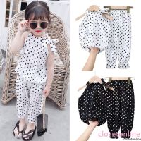 COD DSFGREYTRUYTU Baby Girl Polka-dot Bowknot Set Summer Cool Cute Chiffon Tops Pants Short Sleeves Kids