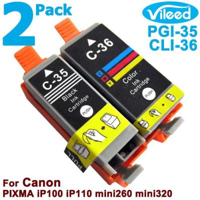 Compatible 2 Pack PGI-35 BK CLI-36 C Ink for Canon Full Combo Set Print Cartridge PGI35 Black ( 35 BK ) + CLI36 Tri-Color ( 36 C ) Replacement Color Inkjet  with Canon PIXMA TR150 iP100 iP110 mini260 mini320 mini 260 320 color Printer