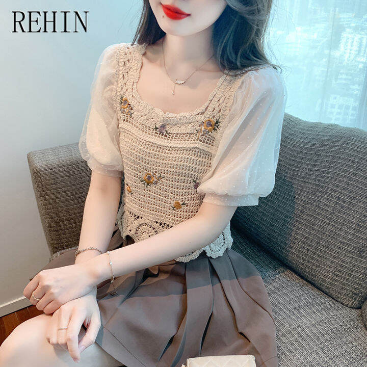 rehin-เสื้อแขนสั้นผู้หญิงสำหรับฤดูร้อนใหม่เสื้อถักแบบผ่าหน้าคอสี่เหลี่ยม