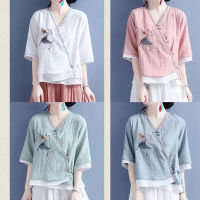 【CW】China Style R Thin Tops Summer Chinese Traditional Shirts Tang Suit Hanfu Linen Clothing for Women Ethnic Female Cheongsam