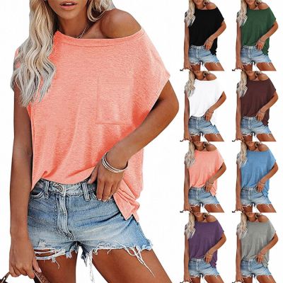 S-3XL Summer Women T-shirt with Pocket Solid Color O-Neck Casual Loose Tops Short Sleeve Strapless Top Women Clothing 8 Colors