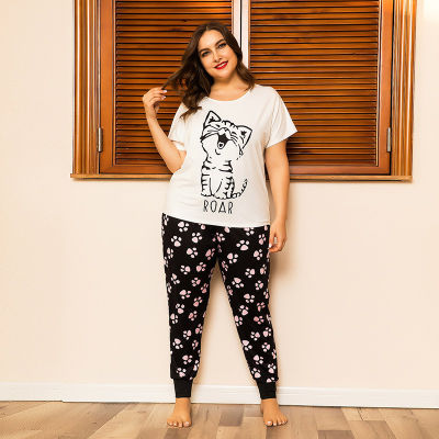 DOIB Plus Size Sleepwear Women Cute Cat Print T-Shirt+Long Trousers Large Size Homewear Two Pieces Suit Nightwear Pajamas Set