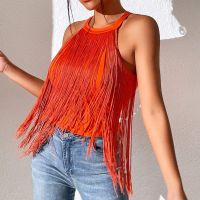 Womens Halter Tassel Crop Top Sleeveless T-shirt Tops Sexy Fringe Vest Tops for Vacation Beach Cocktail Party Stage Performance