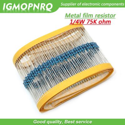 100pcs Metal film resistor Five color ring Weaving 1/4W 0.25W 1% 75K 75K ohm 75Kohm