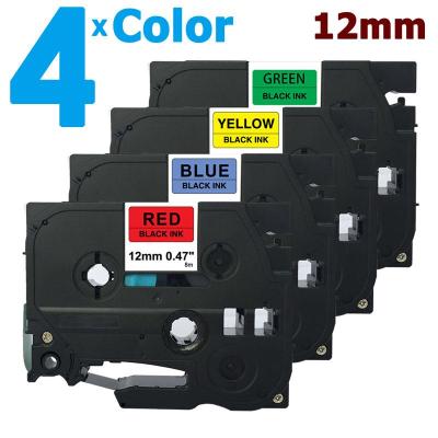 4 Pack TZe431 TZe531 TZe631 TZe731 Multicolor 12mm Label Tape for Brother PTouch TZe-431 TZe-531 TZe-631 TZe-731 Black Print on Red Blue Yellow Green Mixed Color Print Cassette Compatible with P-Touch P Touch Labeler Label Maker Printer