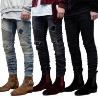 CODkecanm8 Men Ripped Jeans Men Jeans Skinny Mens Jeans Biker jeans blue Black Korean Men Man Male Ripped Jeans Holes Denim Long Pants Blue Slim Fit Jeans Hip Hop Denim Ripped Holes Men Jeans Skinny Mens Jeans pants Biker jeans