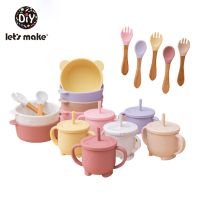 Solid Colour Kids Tableware Set Portable Baby Silicone Plate Bowl cup Toddler Feeding Sucker Infant Dishs With Silica Gel Spoon Bowl Fork Spoon Sets