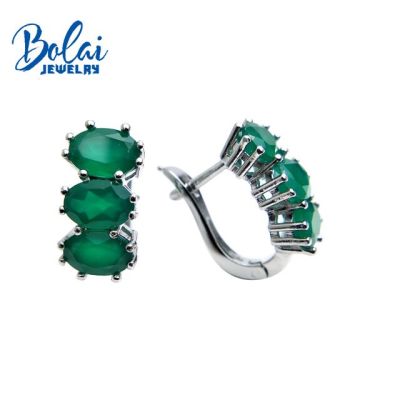 Bolaijewelry,natural green agate oval 5*7mm gemstone clasp earring 925 sterling silver fine jewelry women Christmas gift box