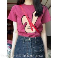 □ 2023 new style small raspberry pink short-sleeved womens summer American hot girl slim fit bunny print shoulder t-shirt top