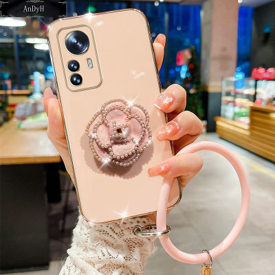 AnDyH For Xiaomi 12 12 Pro 12 Lite 5G Case,Fashion Luxury Beautiful Girls Floral Stand + Hand Ring Simple Solid Color Plated Soft Phone Case