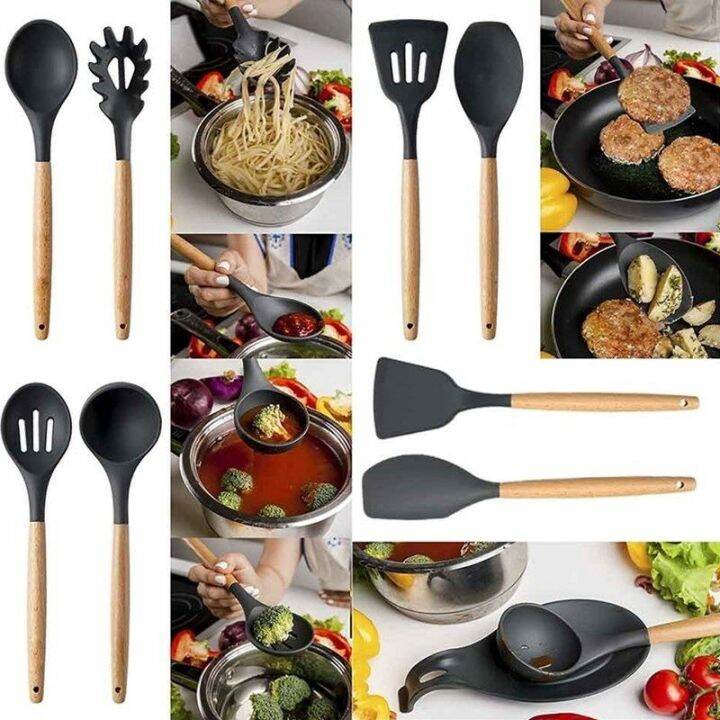 silicone-nonstick-kitchenware-spatula-spoon-heat-resistant-slotted-with-wood-handle