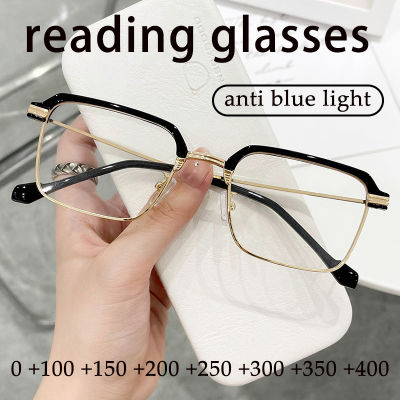 R Etro ครึ่งกรอบโลหะแว่นอ่านหนังสือป้องกันแสงสีฟ้าแว่นอ่านหนังสือ + 100 + 150 + 200 + 250 + 300 + 350 + 400