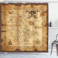 【CW】✠┅▣  Map Shower Curtain Super Detailed Grungy Rustic Pirates Gold Sea History Theme