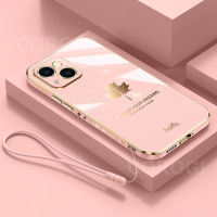 ฝาครอบด้านหลังเป็นป้องกันซิลิโคนอ่อนสำหรับ iPhone 14สายคล้องแบบมีเคสเคลือบ6D มันวาวใบเมเปิลกันชนสี่เหลี่ยมเคสโทรศัพท์