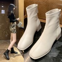 Caohuatang3Oversized รองเท้าบูท Martin สำหรับผู้หญิง Sepatu BOOT Pendek 2023ฤดูใบไม้ร่วง/ฤดูหนาวสไตล์อังกฤษส้นหนังนุ่มบวกขนแกะแขนกลางเชลซี Bootscaohuatang3