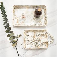 Luxury Marble Texture Ceramic Tray Golden Plate Home Decoration Tray Dessert Fruit Snack Ceramic Plate Jewelry Storage Tray Baking Trays  Pans