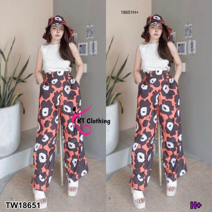 tw18651-set-3-ชิ้น-เสื้อกล้าม-กางเกงขายาวลายดอกไม้-แต่งทรงป้าย-หมวกบัคเก็ต