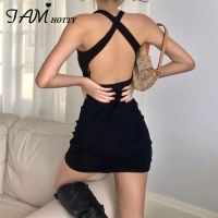 ▥ Iamhotty Sexy Backless Cross Bandage Mini Dress Women Vintage Club Party Halter Jurken Gothic Dresses Summer Bodycon Clothes202