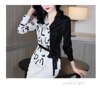 Sashes Good Quality Letter Print Shirt Womens Blazer Collar Long Sleeve Shirt Womens Elegant Ladies Patchwork Top Blouse NS265