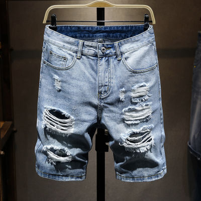 Summer Denim Shorts Mens Ripped Denim Shorts Fashion Holes Destroyed Casual Jeans Shorts Men Straight Light Blue Knee Length