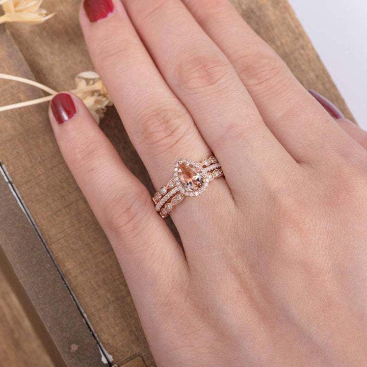 แหวนพลอยเทียมรูปลูกแพร์-ของขวัญจิวเวลรี่สำหรับปาร์ตี้งานแต่งงานคลื่นแรงโน้มถ่วง3ชิ้น-เซ็ต