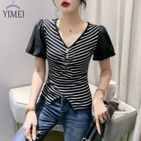 YIMEI เสื้อผู้หญิงแขนพองคอวีเซ็กซี่,2023เสื้อผู้หญิงเข้ารูปพอดีเสื้อยืดผ่าใต้เข้ารูปสำหรับฤดูร้อน