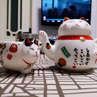 Cute Fortune Cat CeramicTea Pot Set With Tea Infuser Strainer Creative Fat Cat Tea Cup Teapot