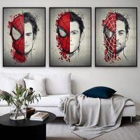 ♟✻▨ Disney Movie Marvel SpiderMan Wall Art โปสเตอร์มือวาดสไตล์วินเทจสามนักแสดงตกแต่งบ้านภาพวาดผ้าใบภาพพิมพ์