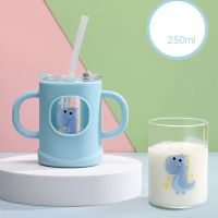 250ml Cute Cartoon Baby Feeding Cups Children Silicone Heated Glass Cups Milk Cup Graduated Straws Kawaii Mug Tumbler Lid Handle Cups