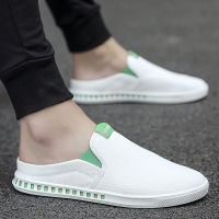 Spring Canvas Shoes Mens Slip-on Lazy Casual White Work Cloth Shoes Heel-Free Toe Cap Semi Slipper Easy Wear Tide Shoes