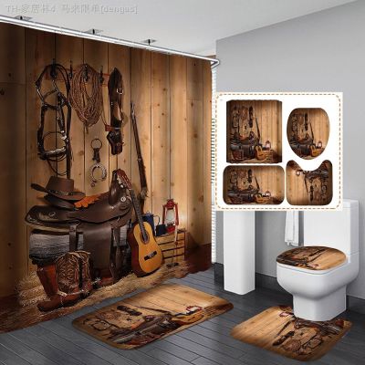 【CW】♚  Cowboy Shower Curtain Set Hat Gun Rustic Wood Panel Board Sets
