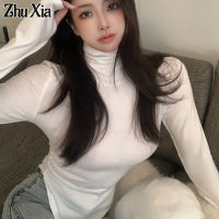 Zhu Xia เสื้อยืดคอตั้งแขนยาวคอตั้ง,เสื้อยืดเสื้อเข้ารูปรัดรูปเสื้อยาวปิดถึงก้นด้านใน