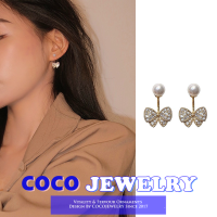 COCOJEWELRY S925เข็มเงินพลอยเทียมเกาหลีโบว์มุกต่างหูตุ้มหูผู้หญิงแฟชั่นเครื่องประดับหู