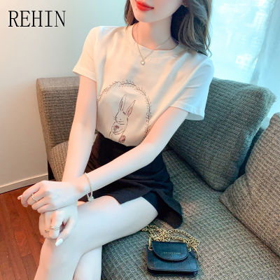 REHIN เสื้อผู้หญิงผ้าซาตินคอกลมสีขาว,เสื้อยืดผู้หญิงแขนสั้นลำลองทรงหลวมสัมผัสการออกแบบแฟชั่นใหม่