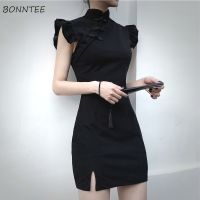 【CW】 Dress Women Summer Chic Vintage Chinese Collar Cheongsam Sexy Notched Mini Womens Dresses Mujer Harajuku Slim Black Ladies Qipao