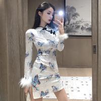 【CW】 Chinese Dress White Sexy Qipao Dresses Cheongsam Dress Golden Velvet Long Sleeve Retro Printed Cheongsams Mini Qipao Robe