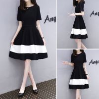 COD dsfgerrety Summer Womens Korean Casual Plus Size Black and White Stitching High Waist Long Fashion Dress