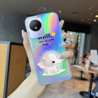 เคสสำหรับ Vivo Y02T Y02A เคสโทรศัพท์สลายเลเซอร์ลายการ์ตูนสัตว์นกฮูกกวางเอลค์รุ้งโปร่งใสขอบบางเฉียบ TPU นุ่มมากเคสกันกระแทกมีสีสันบัตรเลเซอร์ในตัว