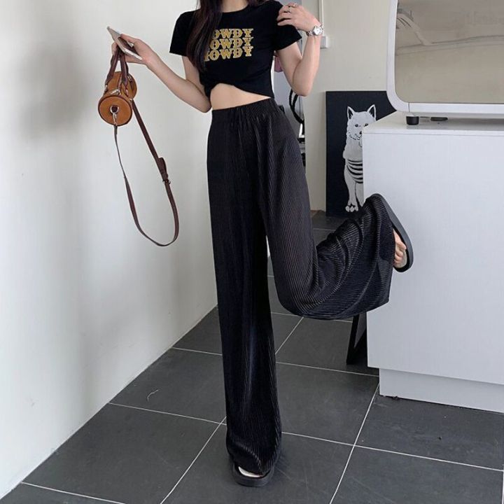 แฟชั่นสตรีทแวร์กางเกงฮาราจูกุของผู้หญิง-y2k-ยางยืดเอวสูงกางเกงขาทรงกระบอกจีบบางหลวมฤดูร้อนกางเกงขาม้า