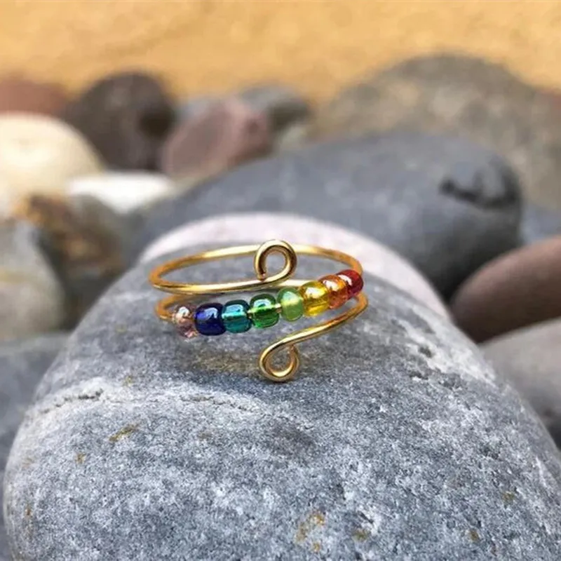 Bohemian Rainbow Beads Anxiety Ring Rotate Freely Anti Stress