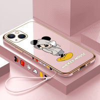 Volans เคสสำหรับ Apple iPhone 15 Plus 15 Pro 15 Pro Max เคสขอบสี่เหลี่ยมลายฟรีสายคล้องการ์ตูนมิกกี้เมาส์ชุบเคสโทรศัพท์หรูหราชุบเคสโทรศัพท์นิ่ม