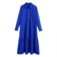 2021ZEVITY Women Vinitage Double Pockets Patch Pleat Ruffles Casual Midi Poplin Dress Femme Chic Long Sleeve Business Vestido DS8942