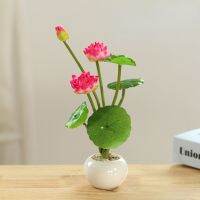 Artificial Lotus Flower Bonsai with Ceramics Pot, Indoor Decorative Creative Home Planting Desktop Greenery Decoration