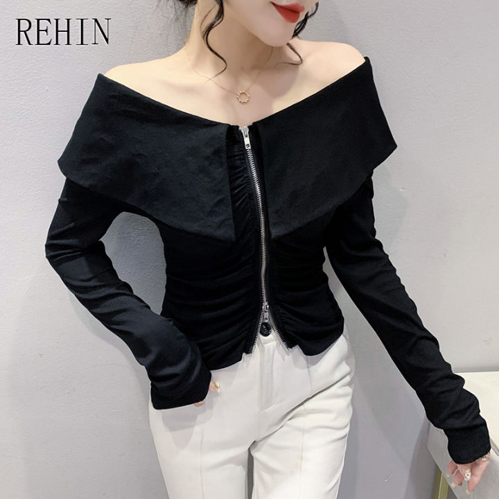 rehin-ผู้หญิงฤดูใบไม้ร่วงใหม่-navy-collar-double-zip-ลายเสื้อสเวตเตอร์ถักเสื้อแขนยาว-slim-thin-trend-เสื้อ