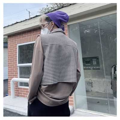 Houndstooth Vest 2 Colors Korean Street Checked Vintage Niche Design Coat Style Short Outer Wear Space Trendy Must-Have