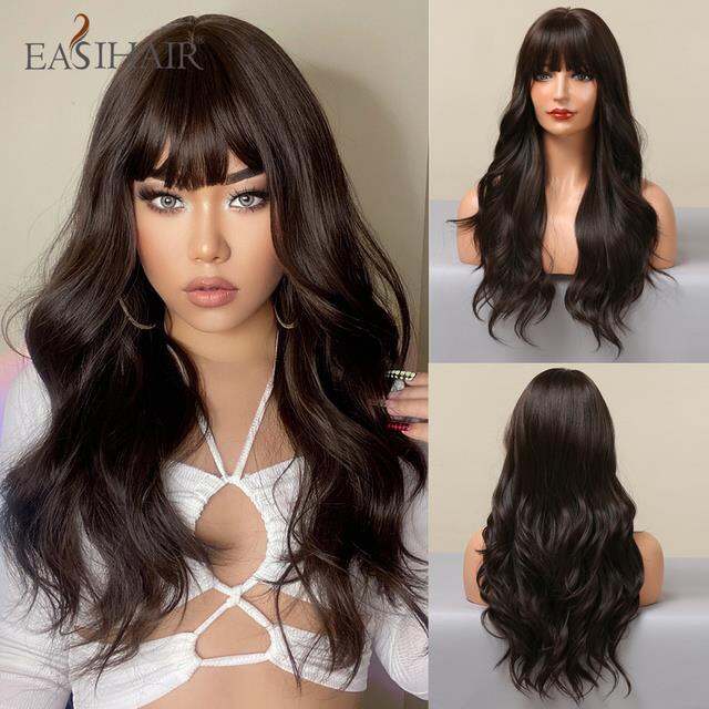 easihair-วิกผมสังเคราะห์ลอนยาวสีน้ำตาลดำมีบางวิกผมลอนธรรมชาติสำหรับผู้หญิงผิวดำทุกวันคอสเพลย์ไฟเบอร์ทนความร้อน