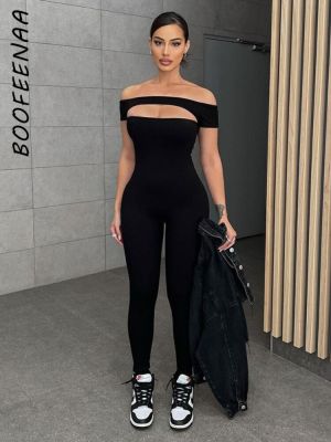 BOOFEENAA Bodycon จั๊มสูทสีดำเปิดไหล่สำหรับผู้หญิงตัดออกเป็นช่องหนึ่งชิ้นแนวสปอร์ตชุดเสื้อผ้าฤดูร้อน C85-BH21 2023
