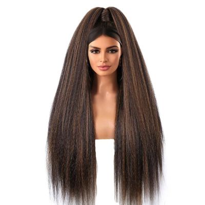 Synthetic Long Kinkly Straight Headband Wigs Black Brown Yaki Straight Hair Afro Style For Black Women Party Drag Daily