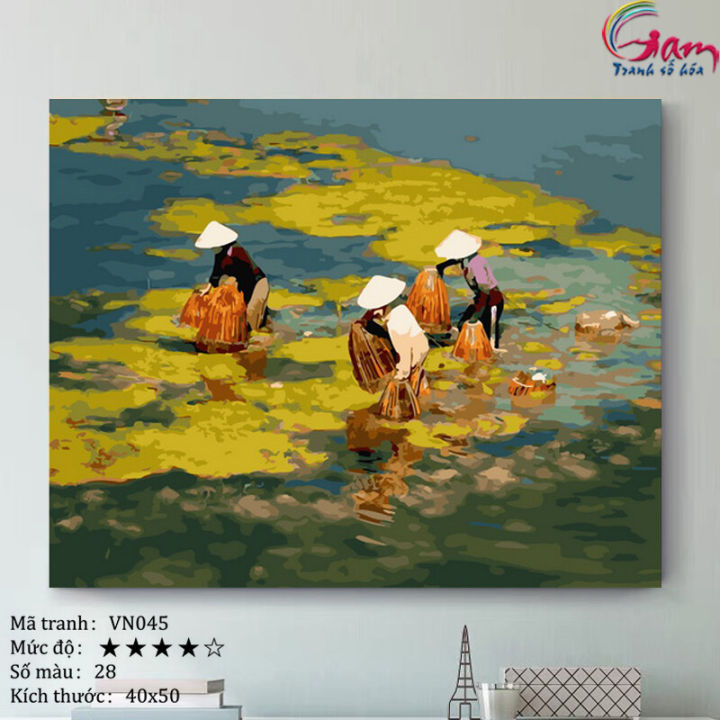 Tranh tô màu theo số phong cảnh làng quê Việt Nam mới lọ màu to 5ml + 2 bộ  cọ + khung  VN045 